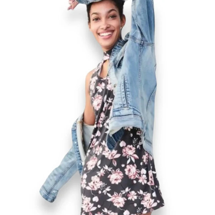 Women's Sleeveless Choker Neck Summer Halter Dress Black Base Pink Floral Print- Medium or Large - Aeropostale