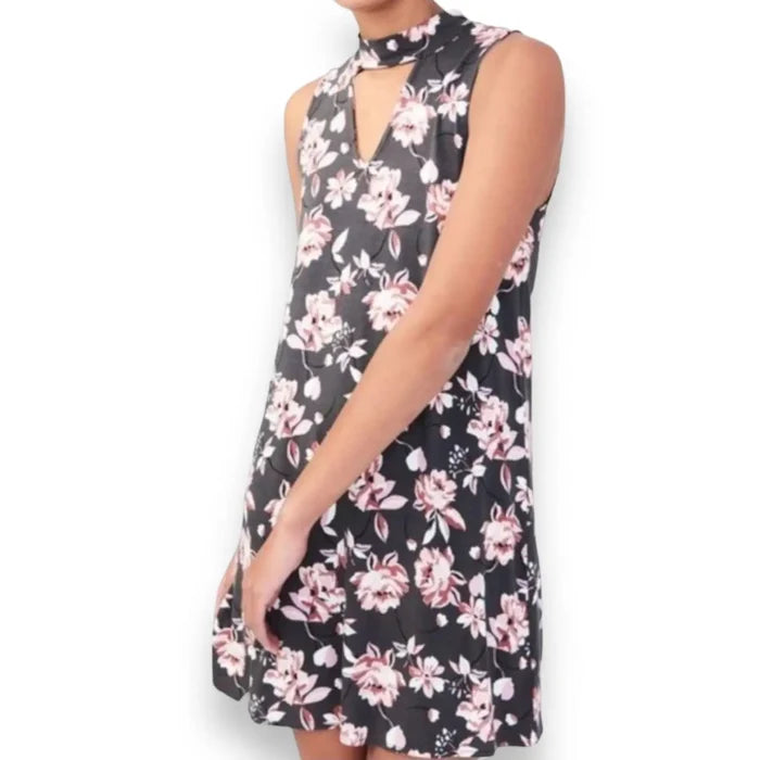 Women's Sleeveless Choker Neck Summer Halter Dress Black Base Pink Floral Print- Medium or Large - Aeropostale