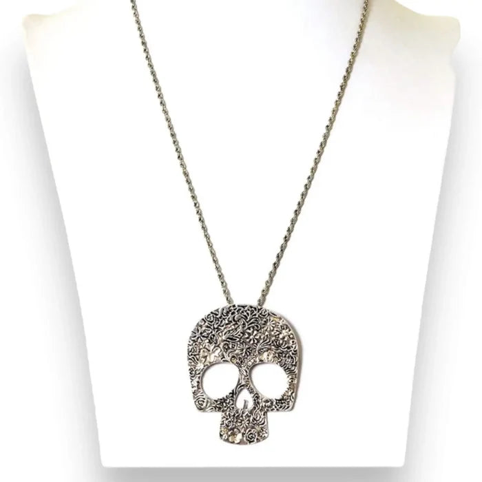 Floral Silver Skull Statement Pendant Necklace