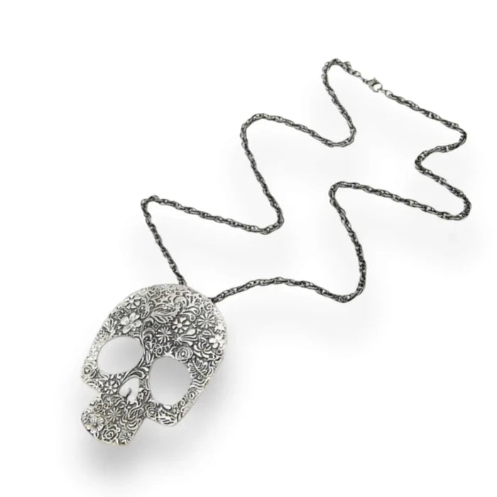 Floral Silver Skull Statement Pendant Necklace