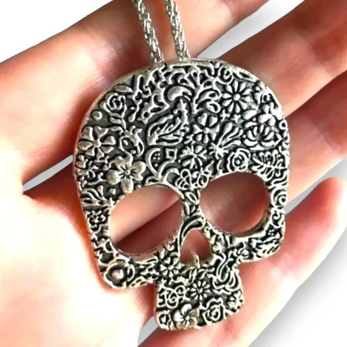 Floral Silver Skull Statement Pendant Necklace