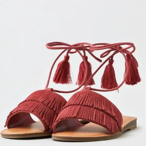 Women's Flat Fringed Ankle Lace Up Gladiator Sandals