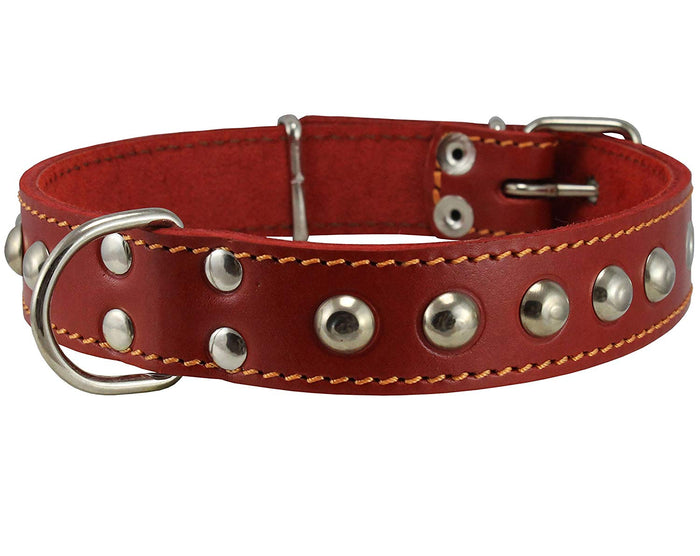 Genuine 1" Wide Thick Leather Studded Dog Collar. Fits 14"-17" Neck, Medium Breeds.