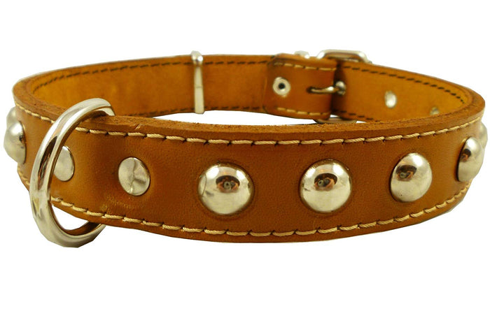 Genuine 1" Wide Thick Leather Studded Dog Collar. Fits 14"-17" Neck, Medium Breeds.