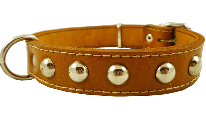 Genuine 1" Wide Thick Leather Studded Dog Collar. Fits 14"-17" Neck, Medium Breeds.
