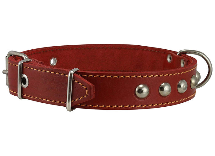 Genuine 1" Wide Thick Leather Studded Dog Collar. Fits 14"-17" Neck, Medium Breeds.