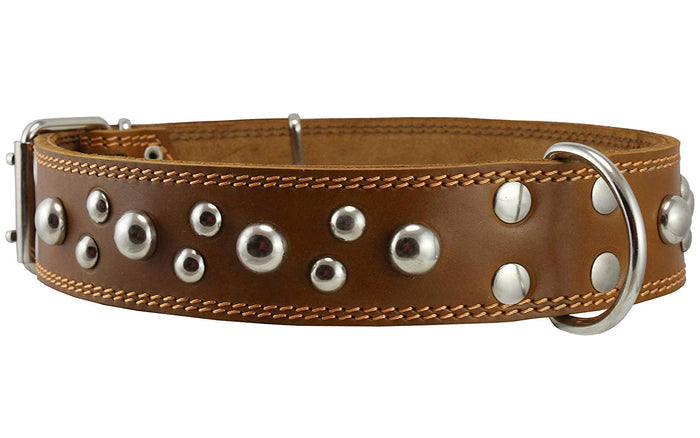 Genuine 1.75" Wide Thick Leather Studded Dog Collar Tan. Fits 21.5"-26" Neck, XLarge Breeds