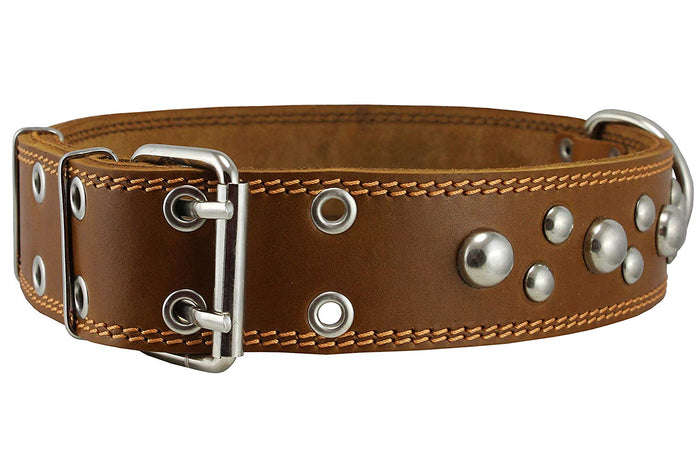 Genuine 1.75" Wide Thick Leather Studded Dog Collar Tan. Fits 21.5"-26" Neck, XLarge Breeds