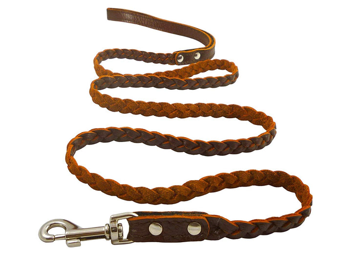 Genuine Fully Braided Leather Dog Leash 4 Ft Long 1/2" Wide Brown, Small Breeds