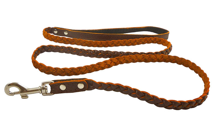 Genuine Fully Braided Leather Dog Leash 4 Ft Long 1/2" Wide Brown, Small Breeds