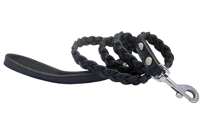 Genuine Fully Braided Leather Dog Leash 4 Ft Long 5/8" Wide Black, Menium Breeds