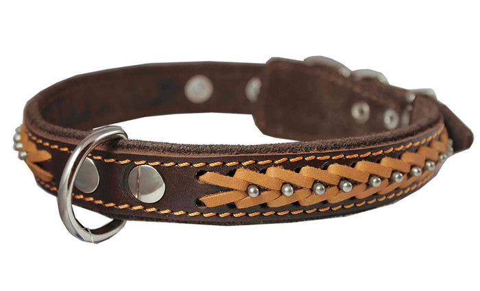 Genuine Leather Braided Studded Dog Collar, Brown 1" Wide. Fits 14"-18" Neck.
