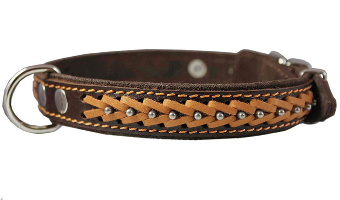 Genuine Leather Braided Studded Dog Collar, Brown 1" Wide. Fits 14"-18" Neck.