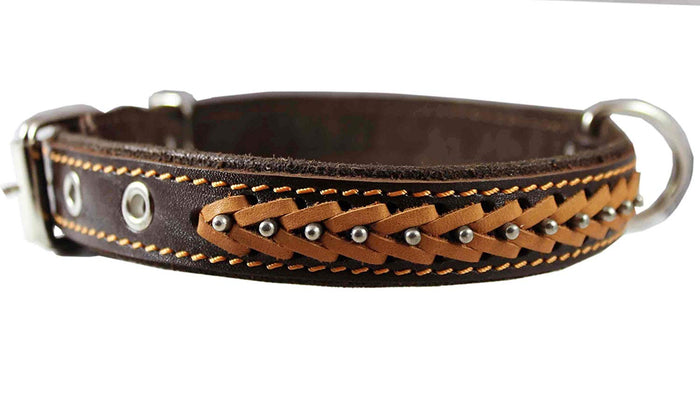 Genuine Leather Braided Studded Dog Collar, Brown 1" Wide. Fits 14"-18" Neck.
