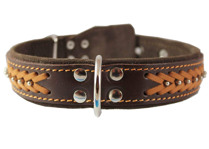 Genuine Leather Braided Studded Dog Collar, Brown 1.5" Wide. Fits 17"-22" Neck.