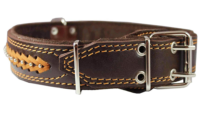 Genuine Leather Braided Studded Dog Collar, Brown 1.75" Wide. Fits 22"-27" Neck.