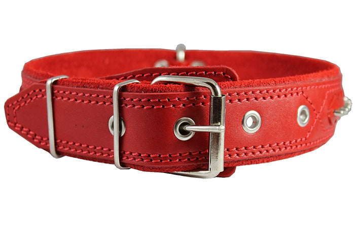 Genuine Leather Braided Studded Dog Collar, Red 1.6" Wide. Fits 19"-24" Neck Size Akita