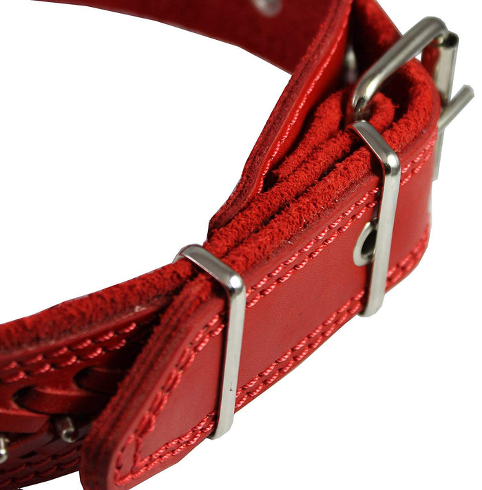 Genuine Leather Braided Studded Dog Collar, Red 1.6" Wide. Fits 19"-24" Neck Size Akita