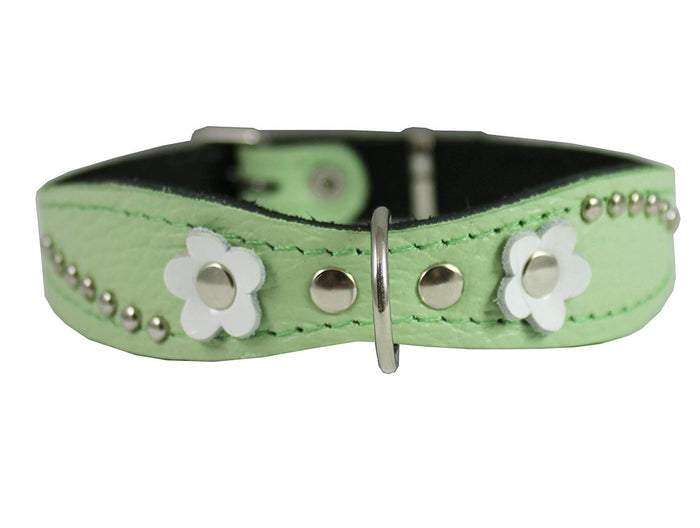 Genuine leather Designer Dog Collar 14.5"x1" with Studs, Daisy, and Rhinestone, Fit 10.5"-13" neck