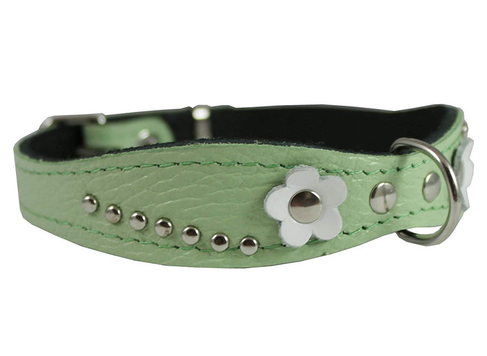 Genuine leather Designer Dog Collar 14.5"x1" with Studs, Daisy, and Rhinestone, Fit 10.5"-13" neck