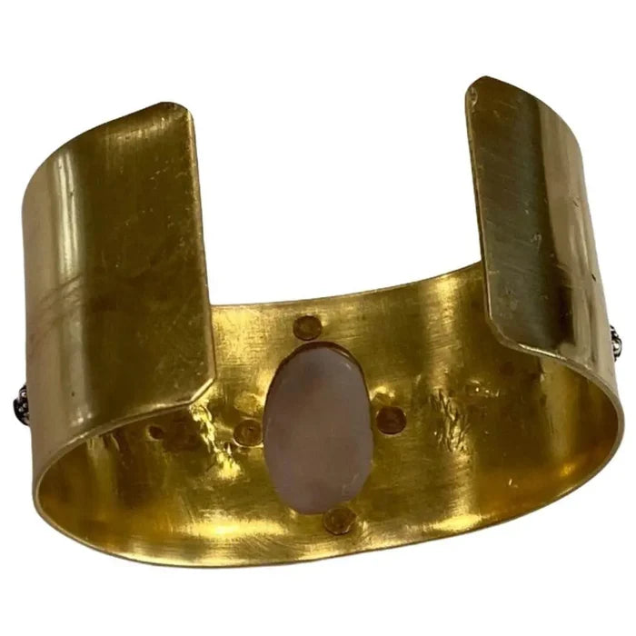 Gilded Rose Quartz & Sterling Leaf Cuff with oval rose quartz, brass wide band, and riveted silver leaves