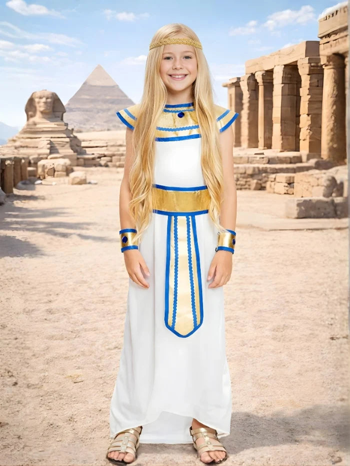 Child in Egyptian costume standing in front of pyramids and sphinx

Girls Egyptian Princess Costume