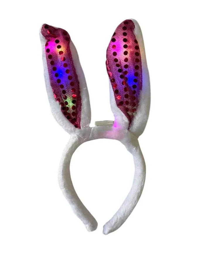 Girls Light Up Fluffy Bunny Ears – Pink Sequin Easter Headband - thefancydress.co.uk