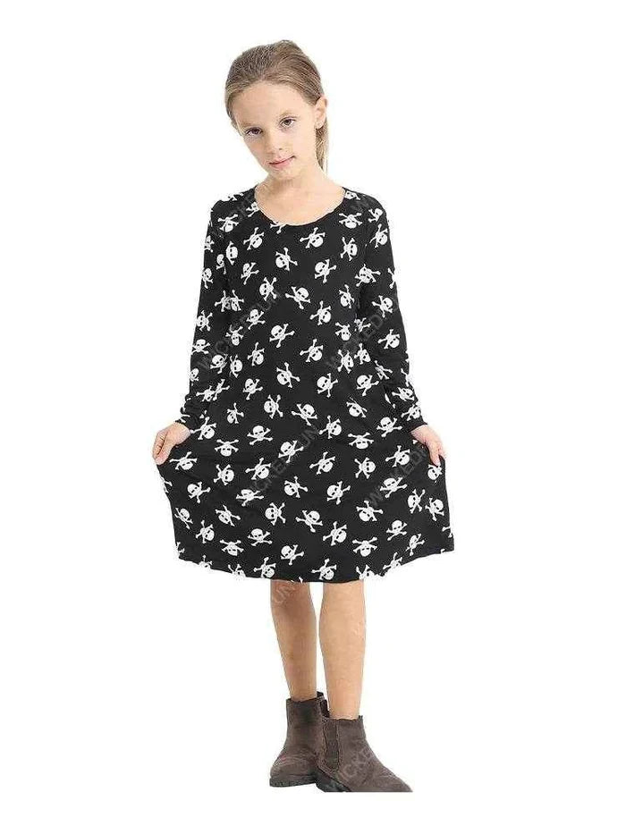 Girls Skull Printed Black Swing Dress