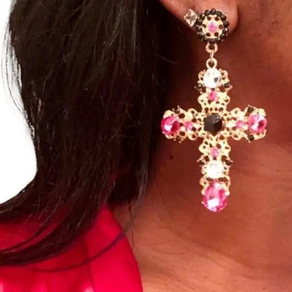Women's Statement Glittery Gold Dangling Cross Studded Earrings - One Size - Wild Time Fashion