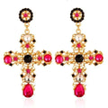 Women's Statement Glittery Gold Dangling Cross Studded Earrings - One Size - Wild Time Fashion