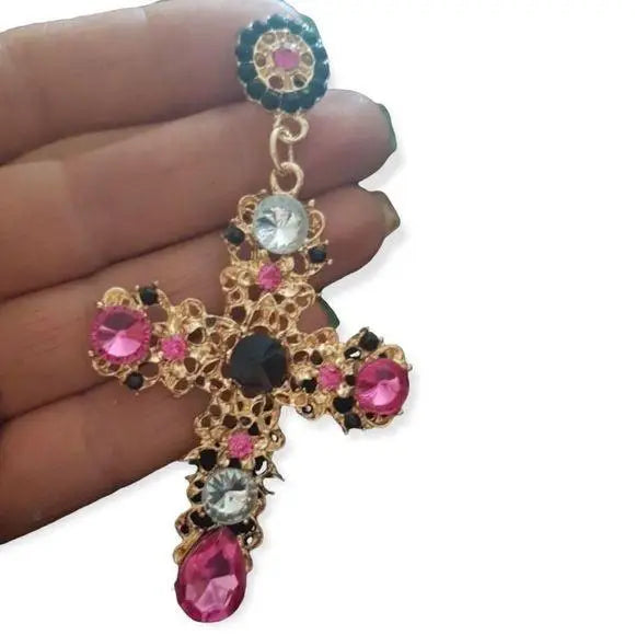 Women's Statement Glittery Gold Dangling Cross Studded Earrings - One Size - Wild Time Fashion