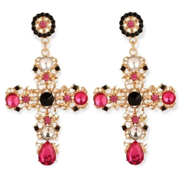 Women's Statement Glittery Gold Dangling Cross Studded Earrings - One Size - Wild Time Fashion