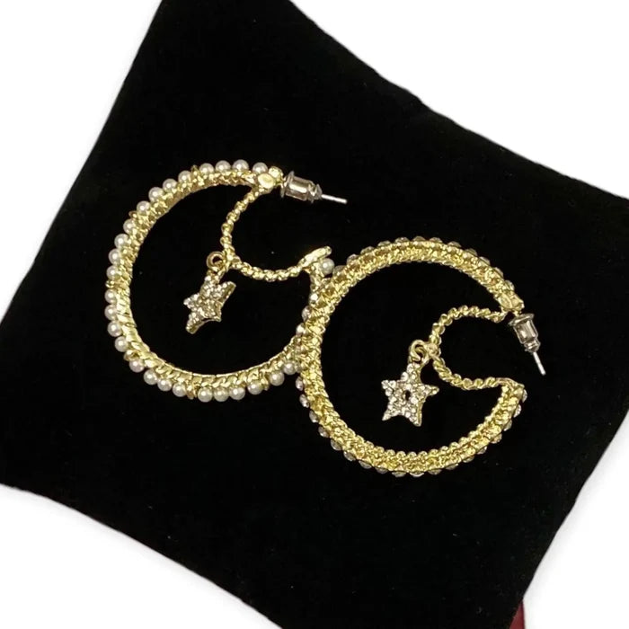 Gold Hoops Faux Pearls Rhinestone Moon & Stars Double Earrings - Wild Time Fashion