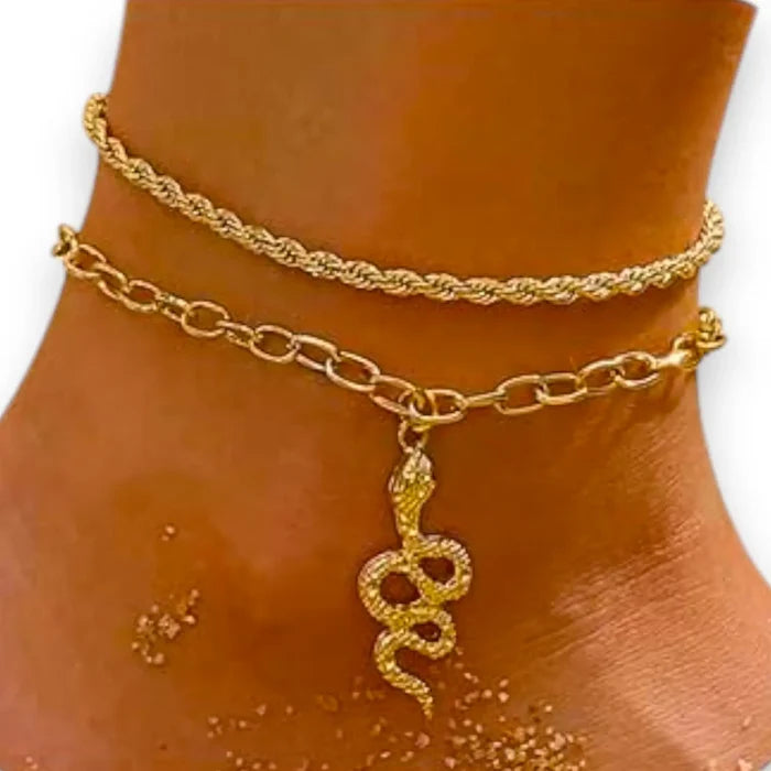 Women's Gold Charming Snake Anklet Set with rope chain, paperclip chain, and serpent charm / adjustable/ one size