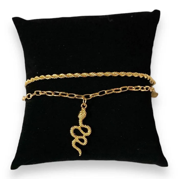 Women's Gold Charming Snake Anklet Set with rope chain, paperclip chain, and serpent charm / adjustable/ one size