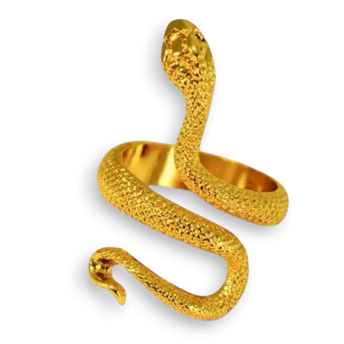 Gold Coiled Snake Wrap Ring with textured serpent detail and adjustable open band flat lay
