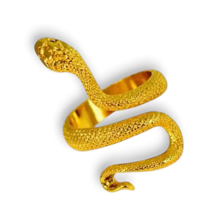 Gold Coiled Snake Wrap Ring with textured serpent detail and adjustable open band flat lay ring