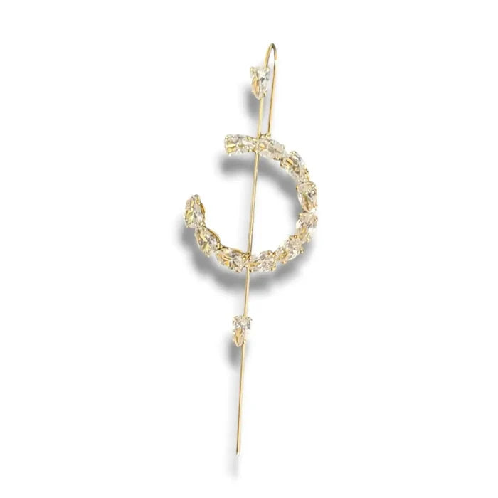 Gold Cosmic Helix Hook Pin Earring with crystal crescent, ear wrap hook, and long pin for pierced ears