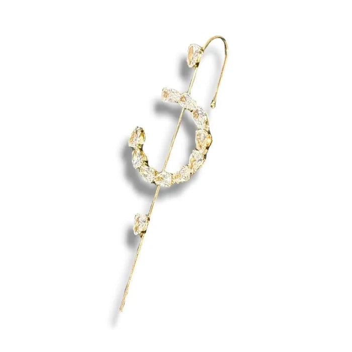 Gold Cosmic Helix Hook Pin Earring with crystal crescent, ear wrap hook, and long pin for pierced ears