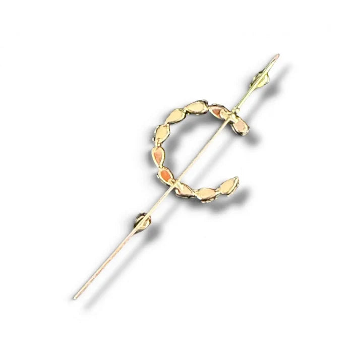 back view Gold Cosmic Helix Hook Pin Earring with crystal crescent, ear wrap hook, and long pin for pierced ears