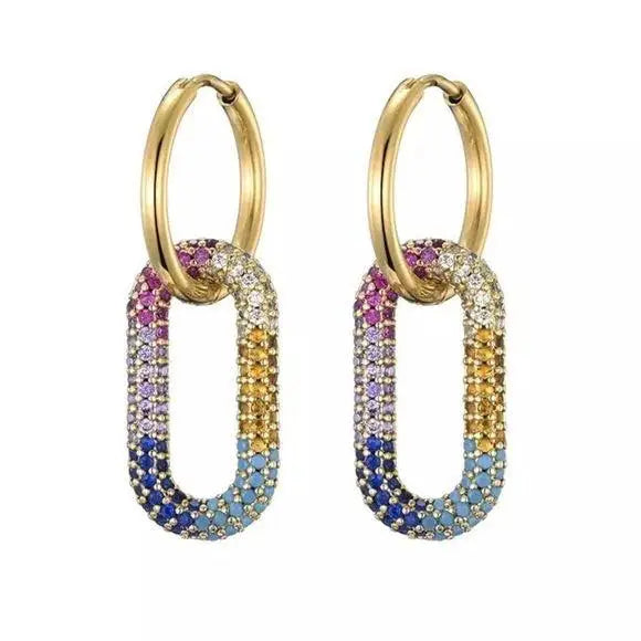 Women's  Gold Hoops Oval Colorful Dangling Earrings - 1.75" L - Wild Time Fashion