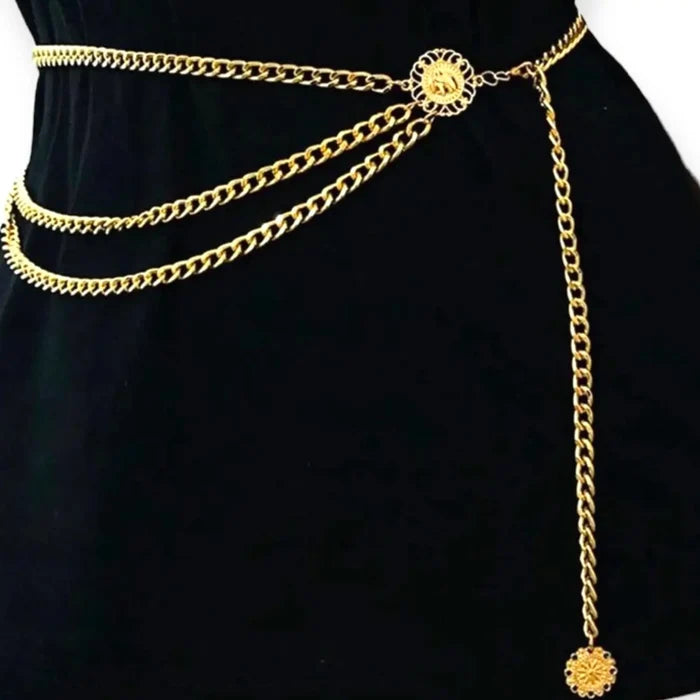 Gold Layering Body Waist Chain with three draped chains, medallion coin pendant, and adjustable clasp
