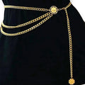 Gold Layering Body Waist Chain with three draped chains, medallion coin pendant, and adjustable clasp