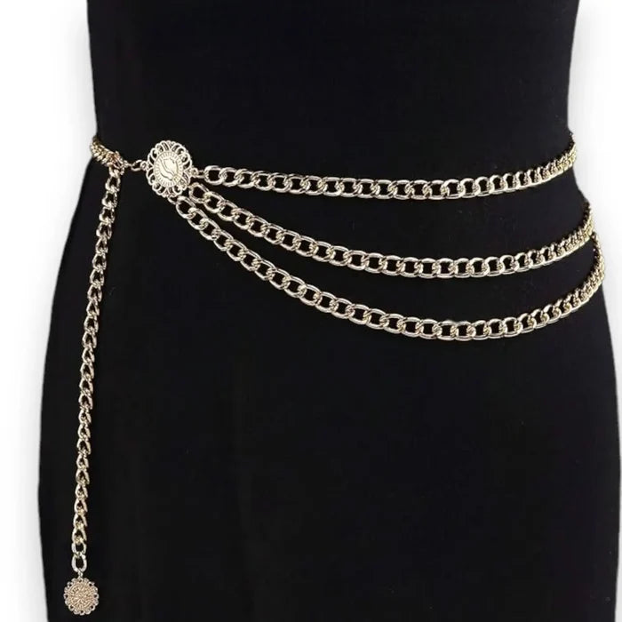 Gold Layering Body Waist Chain with three draped chains, medallion coin pendant, and adjustable clasp