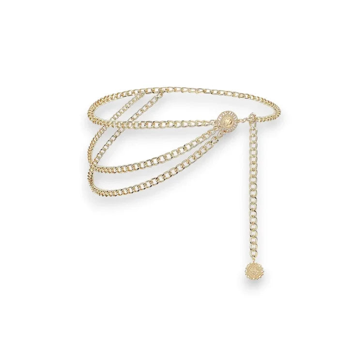 Gold Layering Body Waist Chain with three draped chains, medallion coin pendant, and adjustable clasp