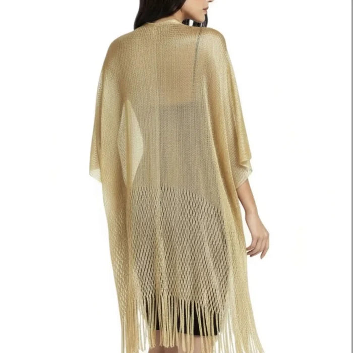 Gold Leopard Kimono Fringe Cover Up gold mid length lightweight open front relaxed fit back view