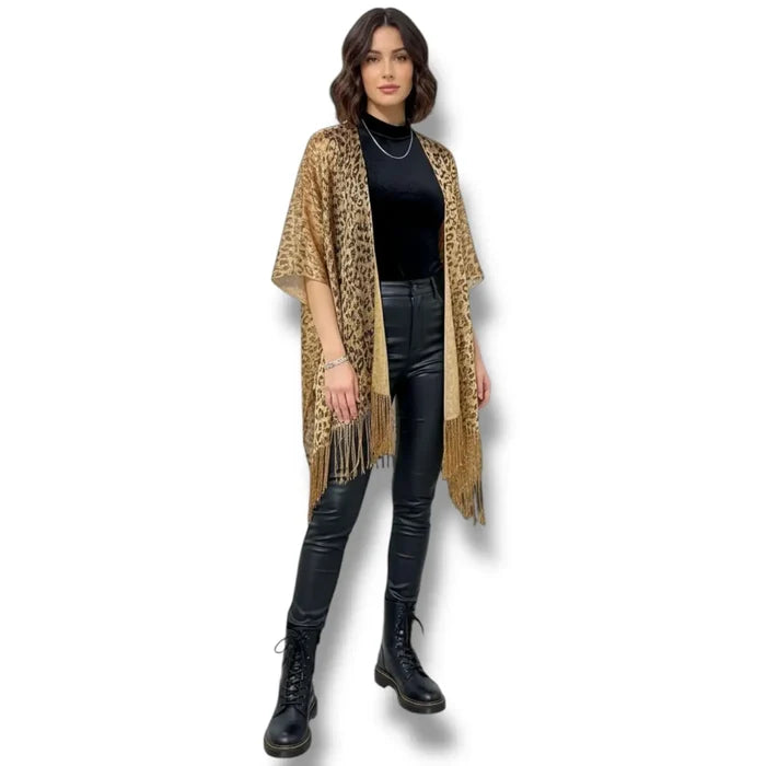 Gold Leopard Kimono Fringe Cover Up brown leopard print mid length lightweight open front relaxed fit