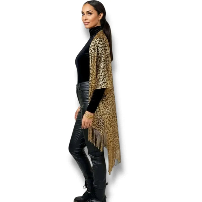 Gold Leopard Kimono Fringe Cover Up brown leopard print mid length lightweight open front relaxed fit