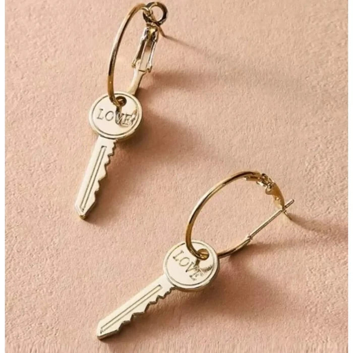 Gold LOVE Keys Dangle Hoop Earrings
