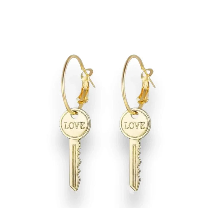 Gold LOVE Keys Dangle Hoop Earrings